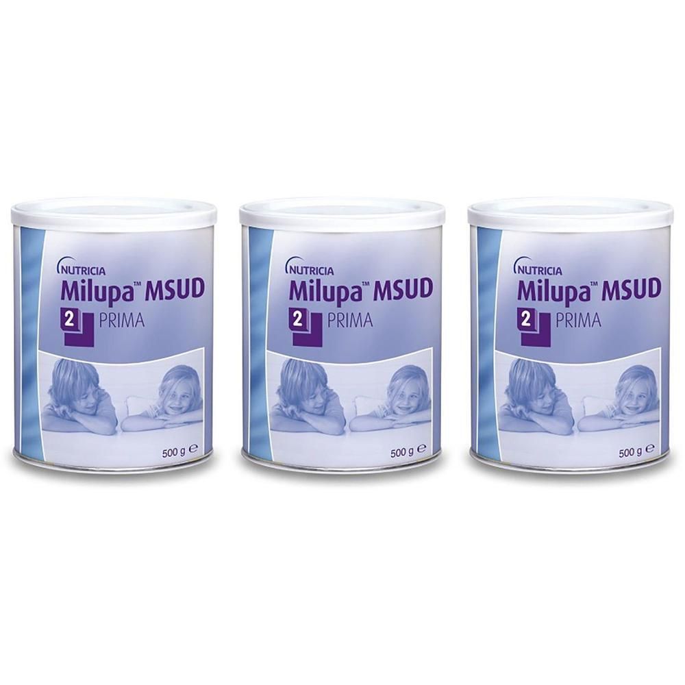 Trois boîtes de lait Milupa MSUD Prima 2 pour nourrissons, chacune de 500g.