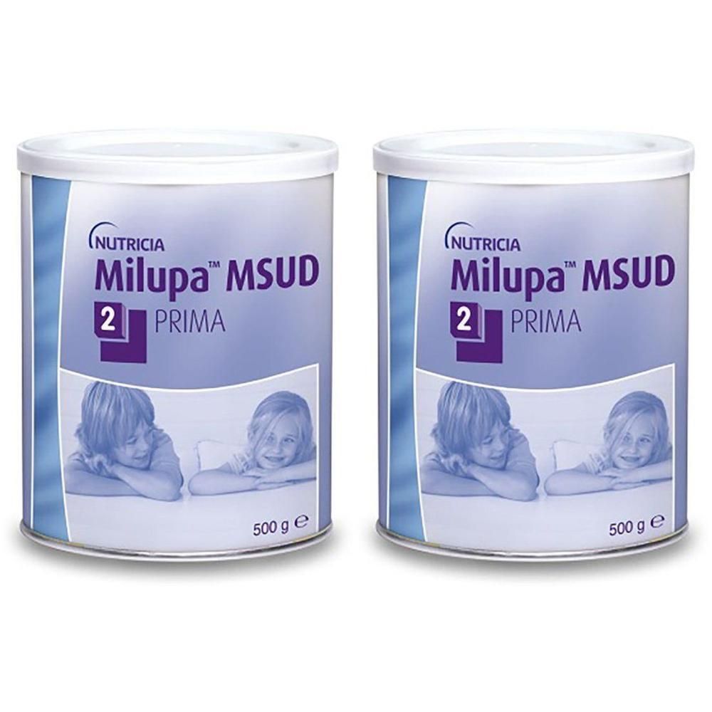 Twee blikken Milupa MSUD 2 Prima zuigelingenvoeding, elk 500g.
