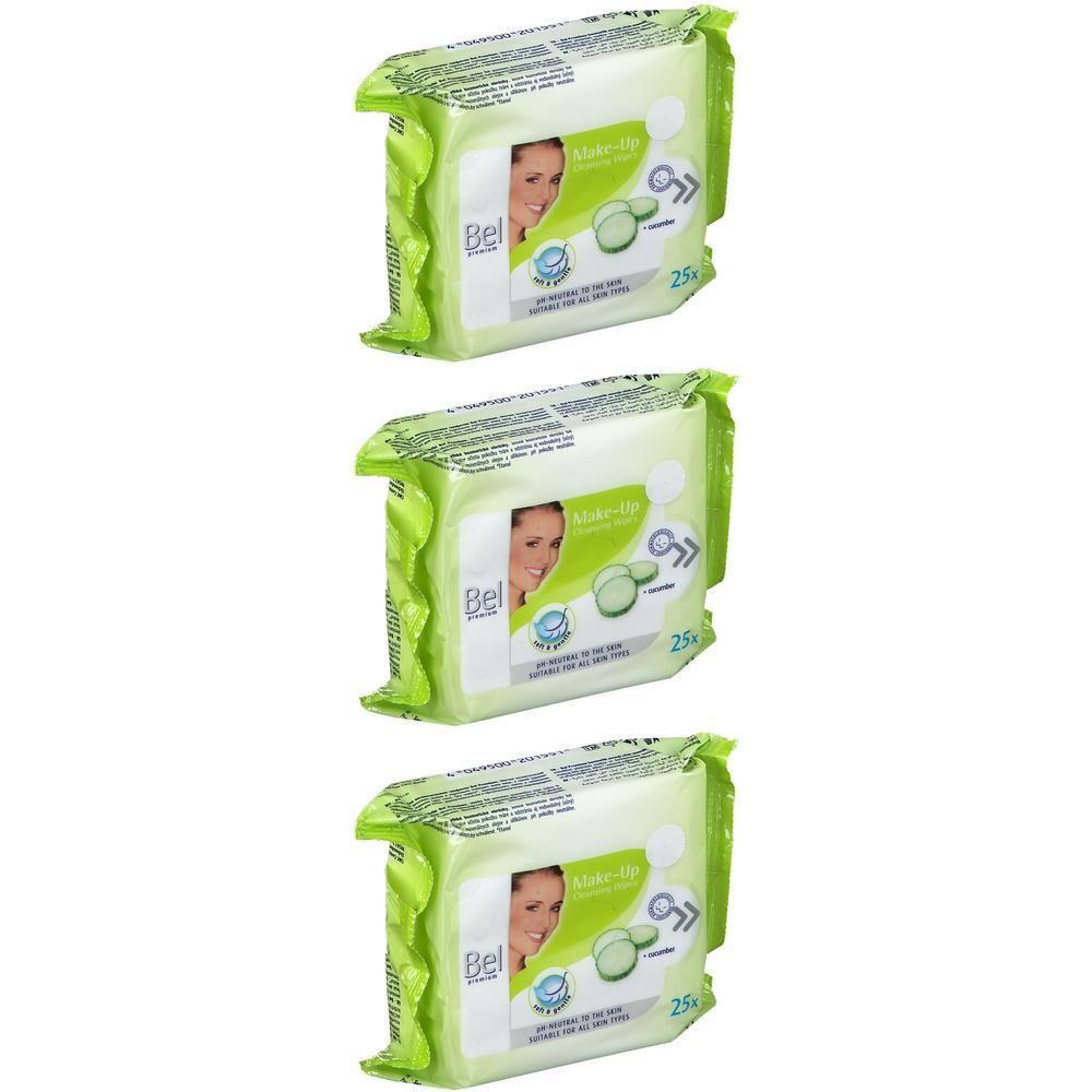 Trois paquets de lingettes démaquillantes Bel Premium, 25 pièces chacune.