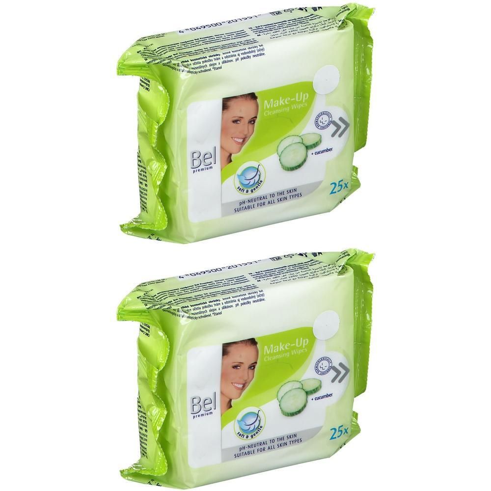 Deux paquets de lingettes démaquillantes Bel Premium avec image de concombre, 25 lingettes par paquet.