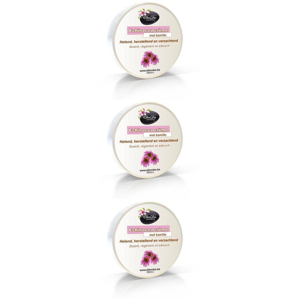 Drie ronde potjes met Echinacea crème. Het etiket toont een paarse bloem en de tekst 'Crème à l’Echinacea'.
