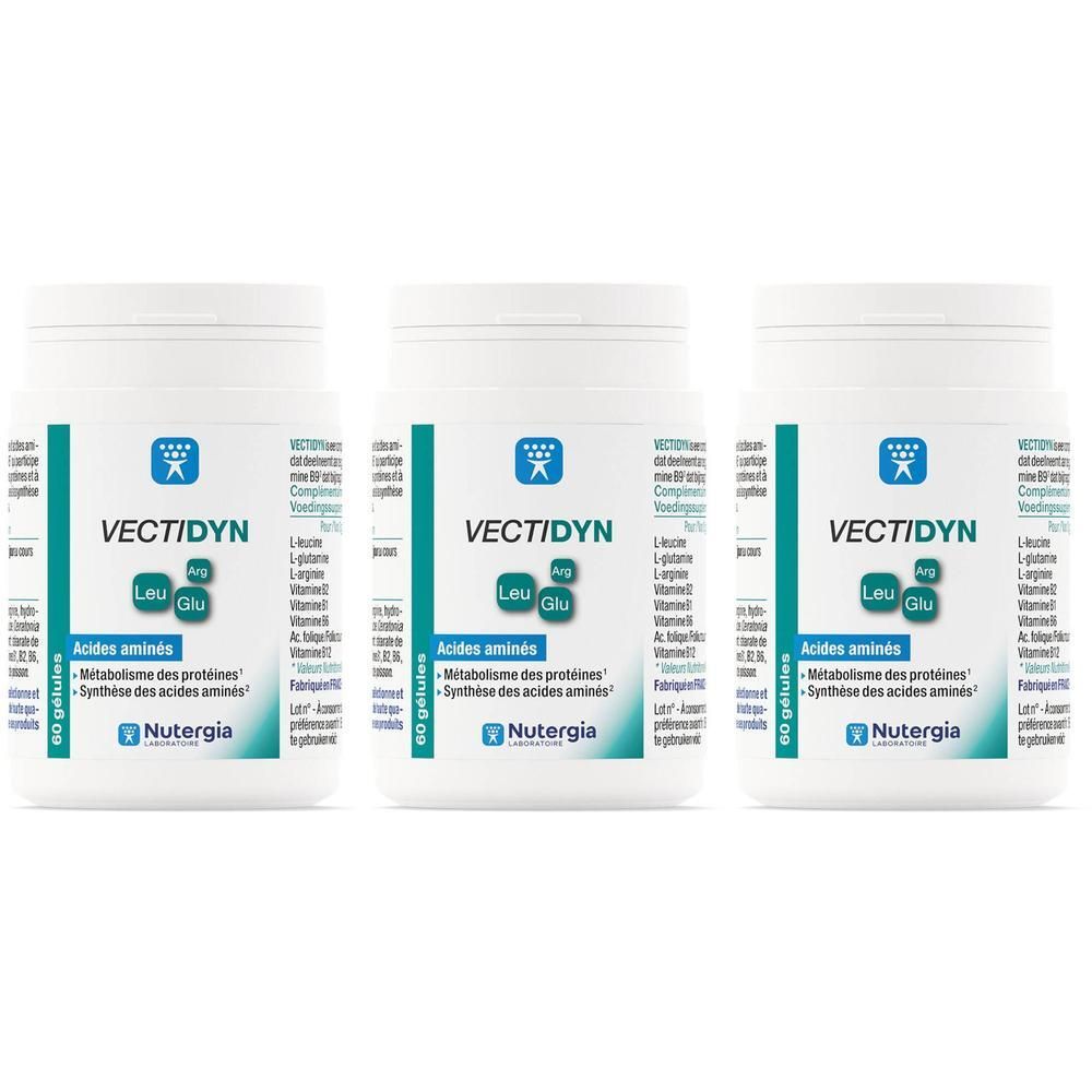 Drie potten Nutergia VectiDyn met aminozuren, 60 capsules per pot.
