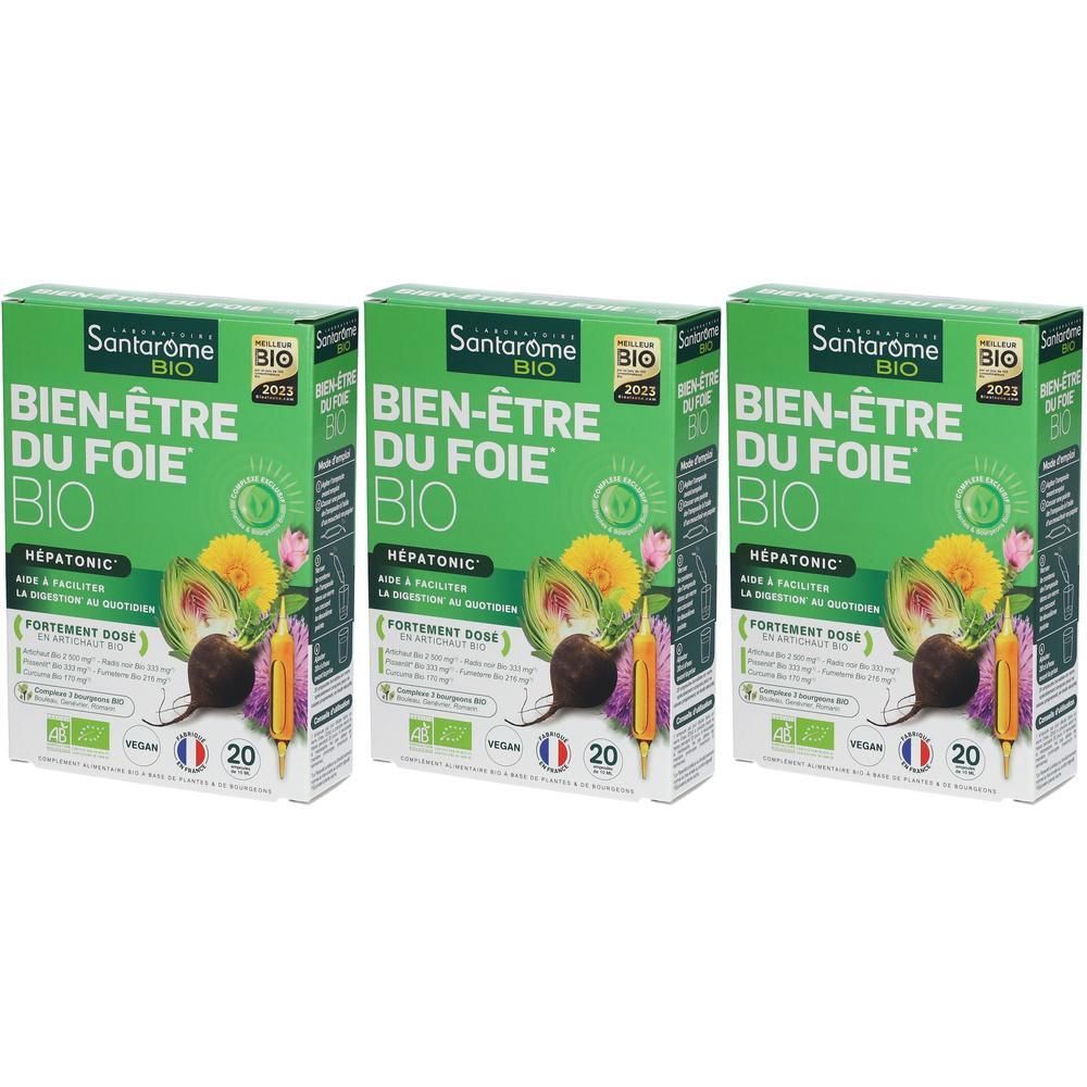 Drie groene dozen voor Santarome Bien-être du Foie Bio, met afbeeldingen van artisjok, rode biet en paardenbloem.