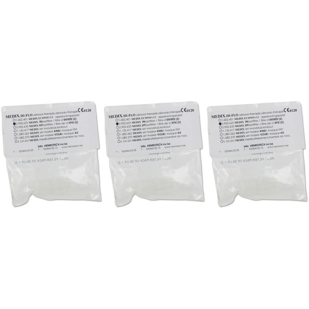 Drie individueel verpakte Medix 3D-FLO filters. CE-markering zichtbaar.