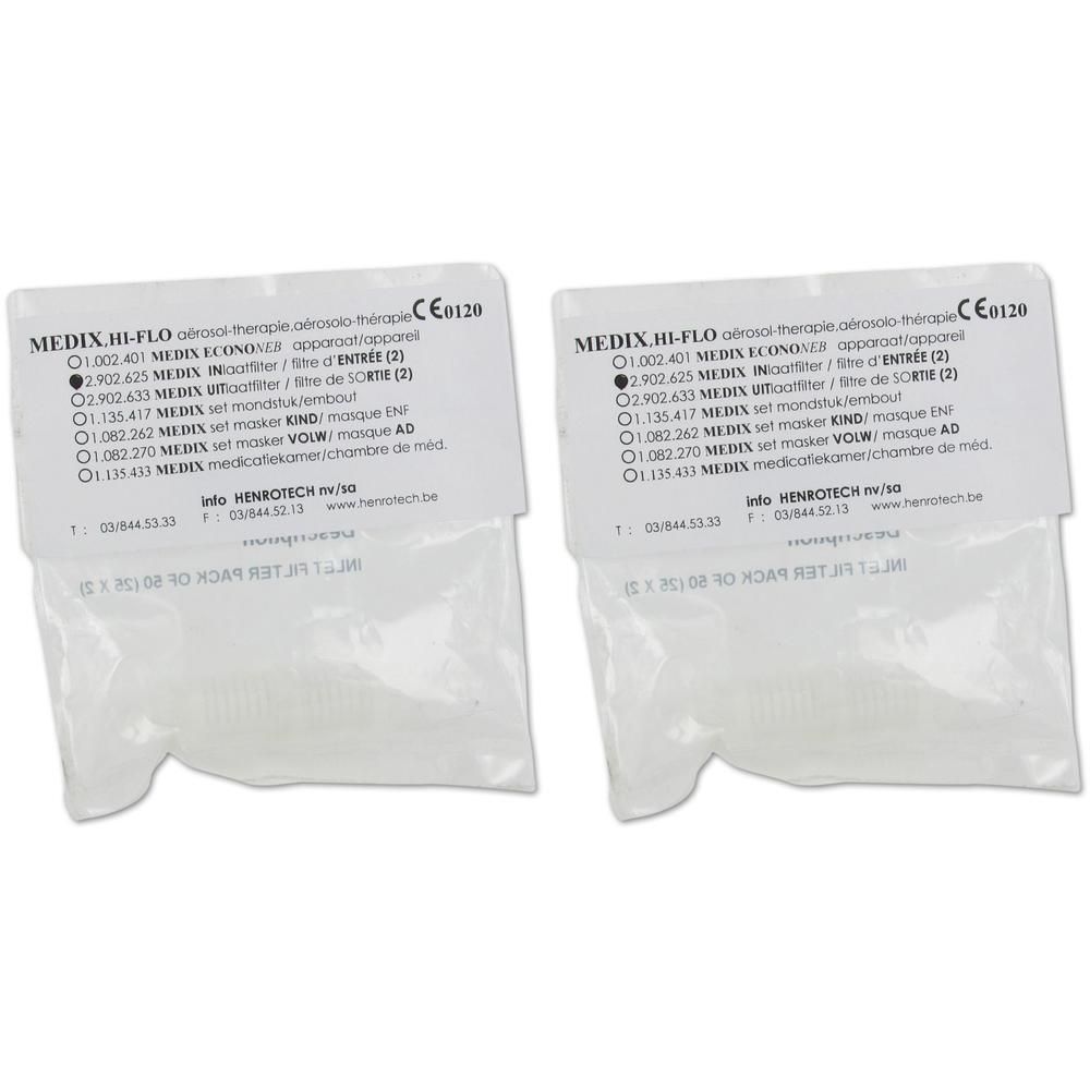 Twee Medix Hi-Flo inlaatfilters in individuele verpakking.