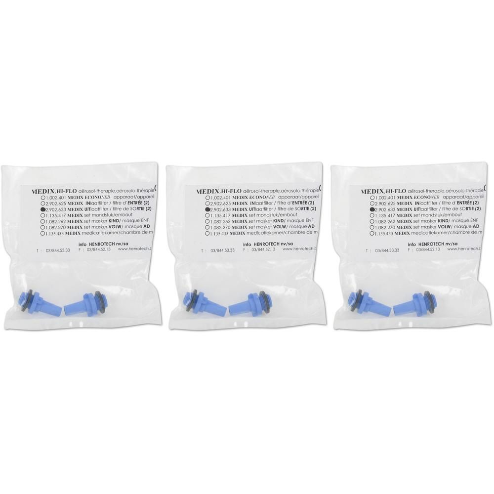 Drie zakjes met elk twee blauwe Medix uitlaatfilters met zwarte afdichtingen.