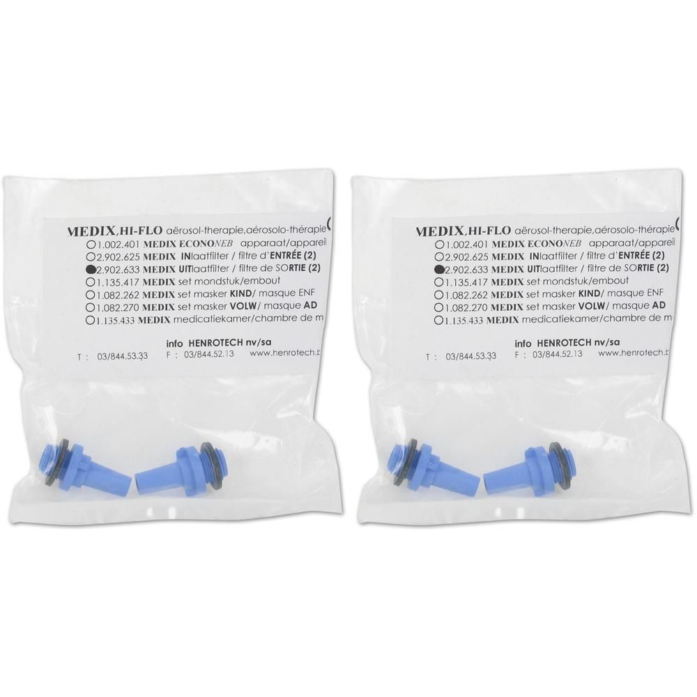 Twee Medix Hi-Flo uitademfilters individueel verpakt met blauwe connectoren.