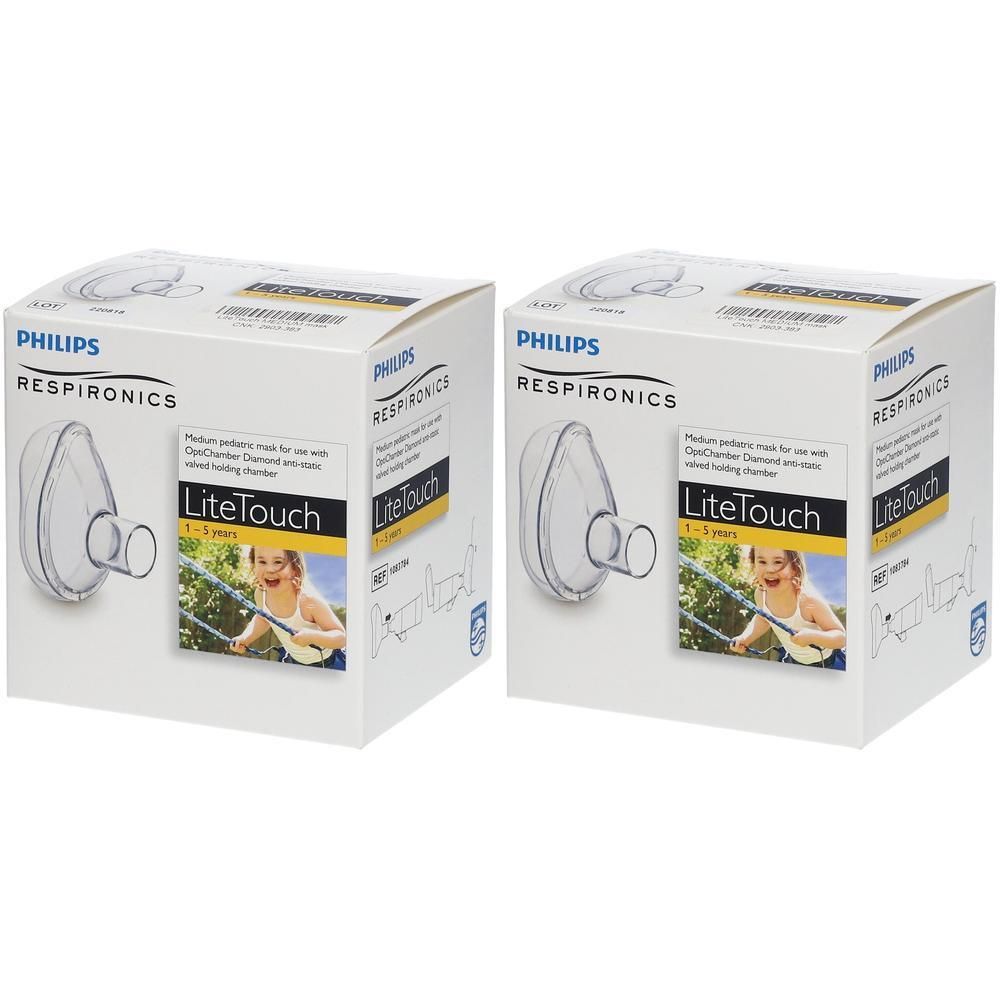 Twee Philips Respironics LiteTouch maskers voor kinderen (3-5 jaar) in de originele verpakking.