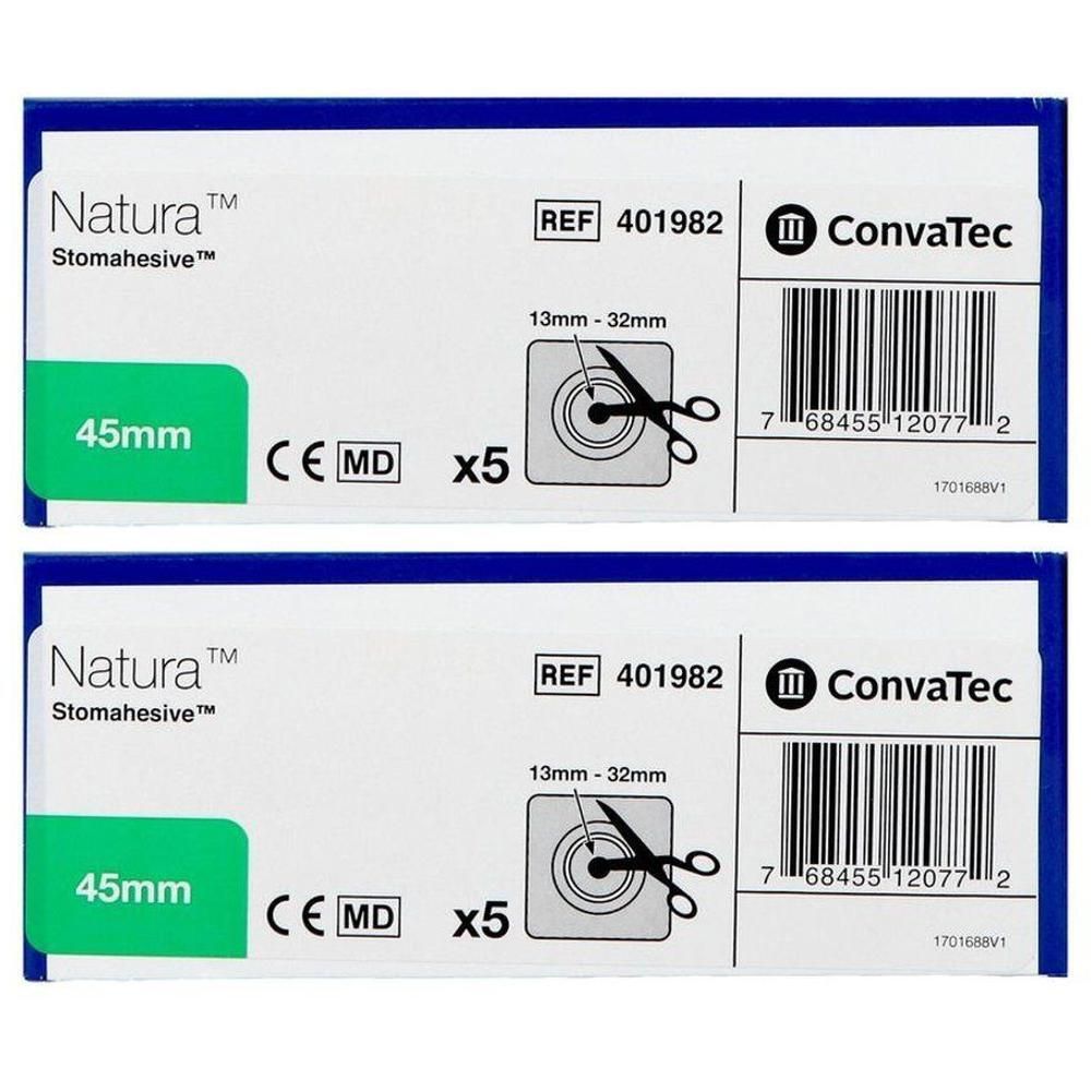 Twee pakken Natura Stomahesive, 45mm. Referentie 401982. CE, MD-markering. ConvaTec.