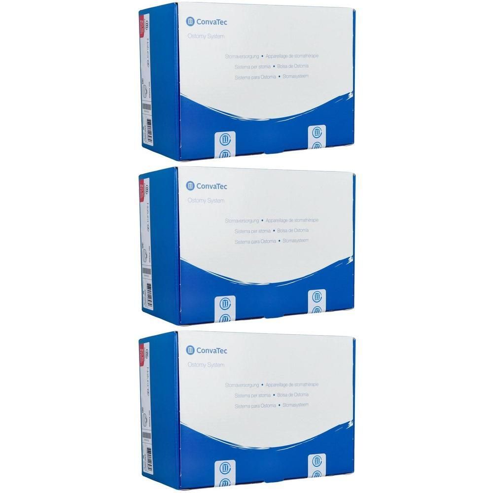 Drie verpakkingen van een medisch product, blauw en wit.