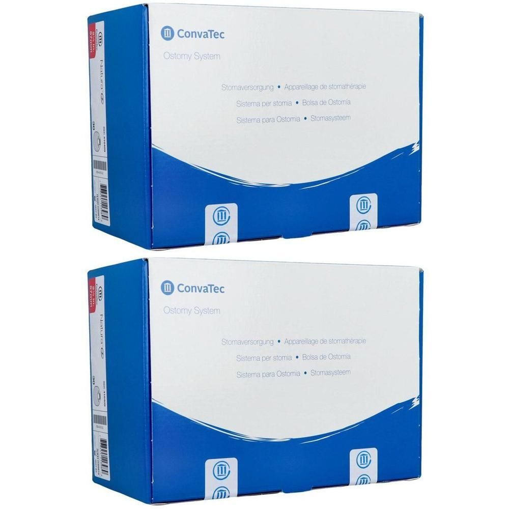 Twee verpakkingen van het Convatec Ostomy System in blauw en wit.
