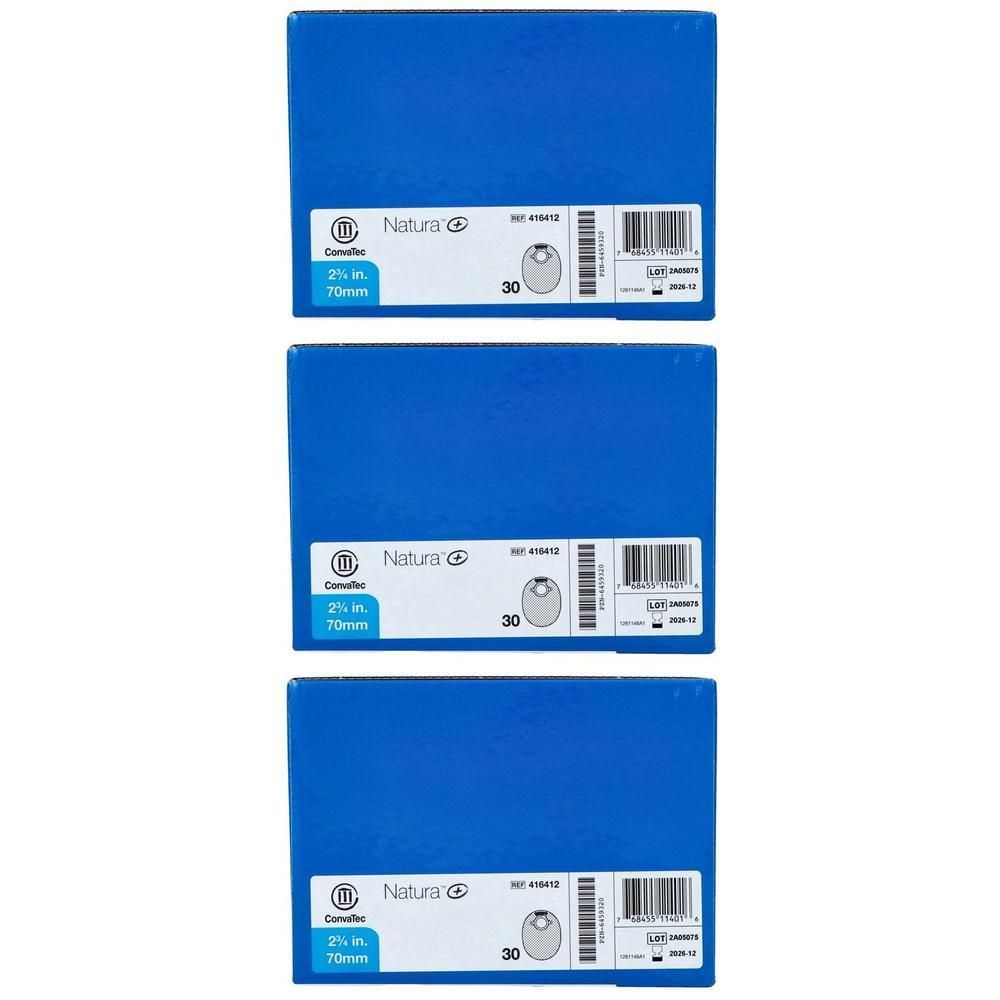 Drie pakken Natura stoma-opvangzakken, beige, 70 mm. Dozen met productkenmerken en barcode.