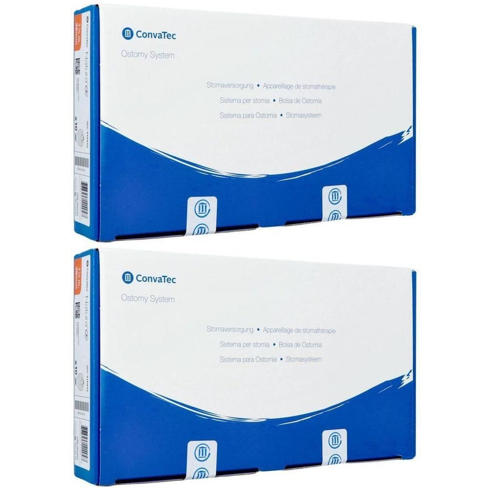 Deux boîtes du système de stomie ConvaTec. Boîtes bleues et blanches avec informations sur le produit.
