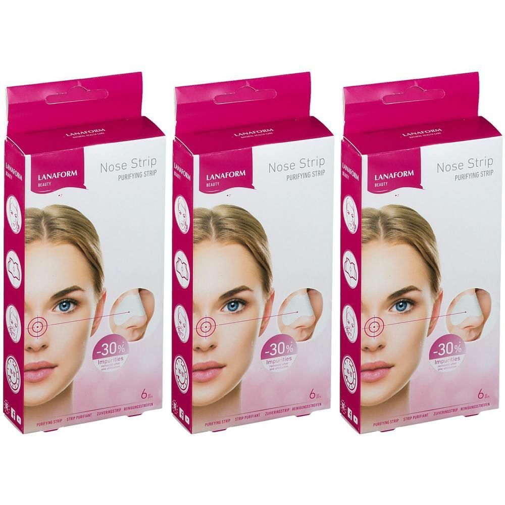 Trois paquets de Lanaform Nose Strip. Chaque paquet montre une femme et un patch nasal.