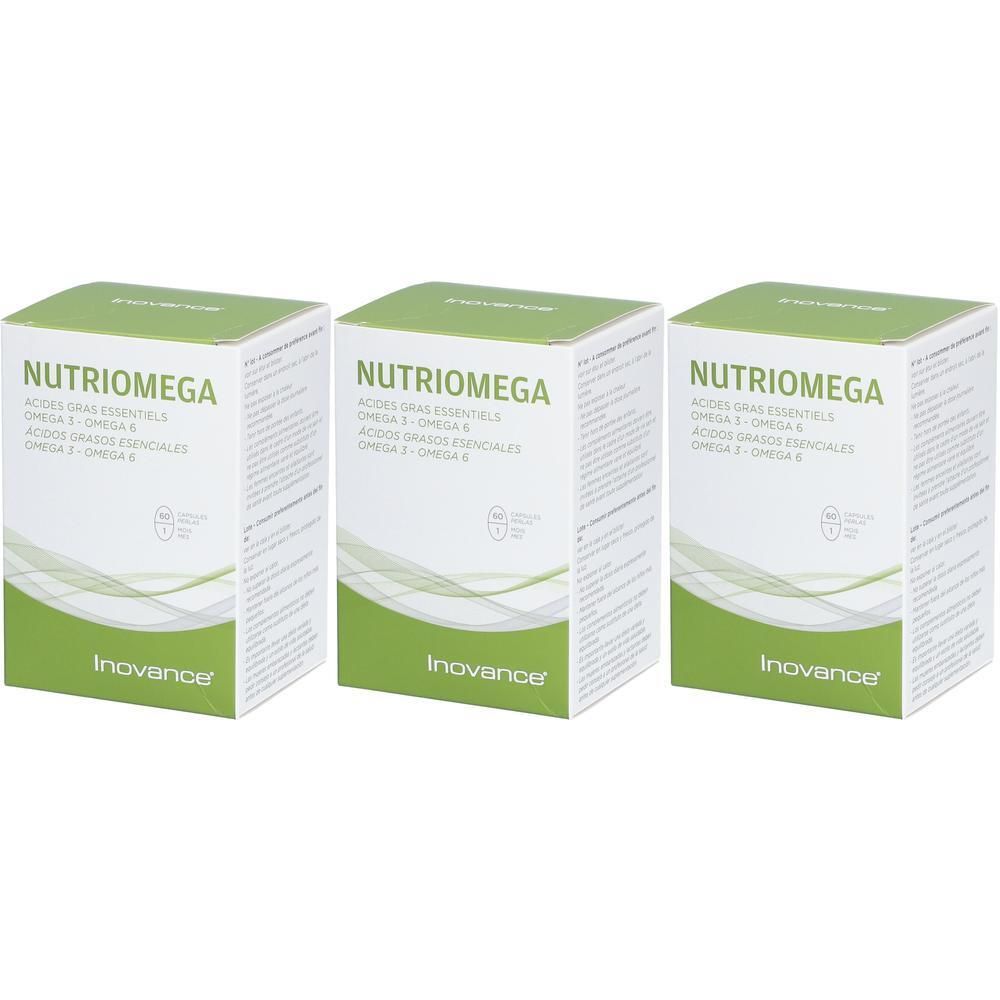 Trois boîtes de Inovance Nutri Omega contenant des acides gras Oméga 3 et Oméga 6.