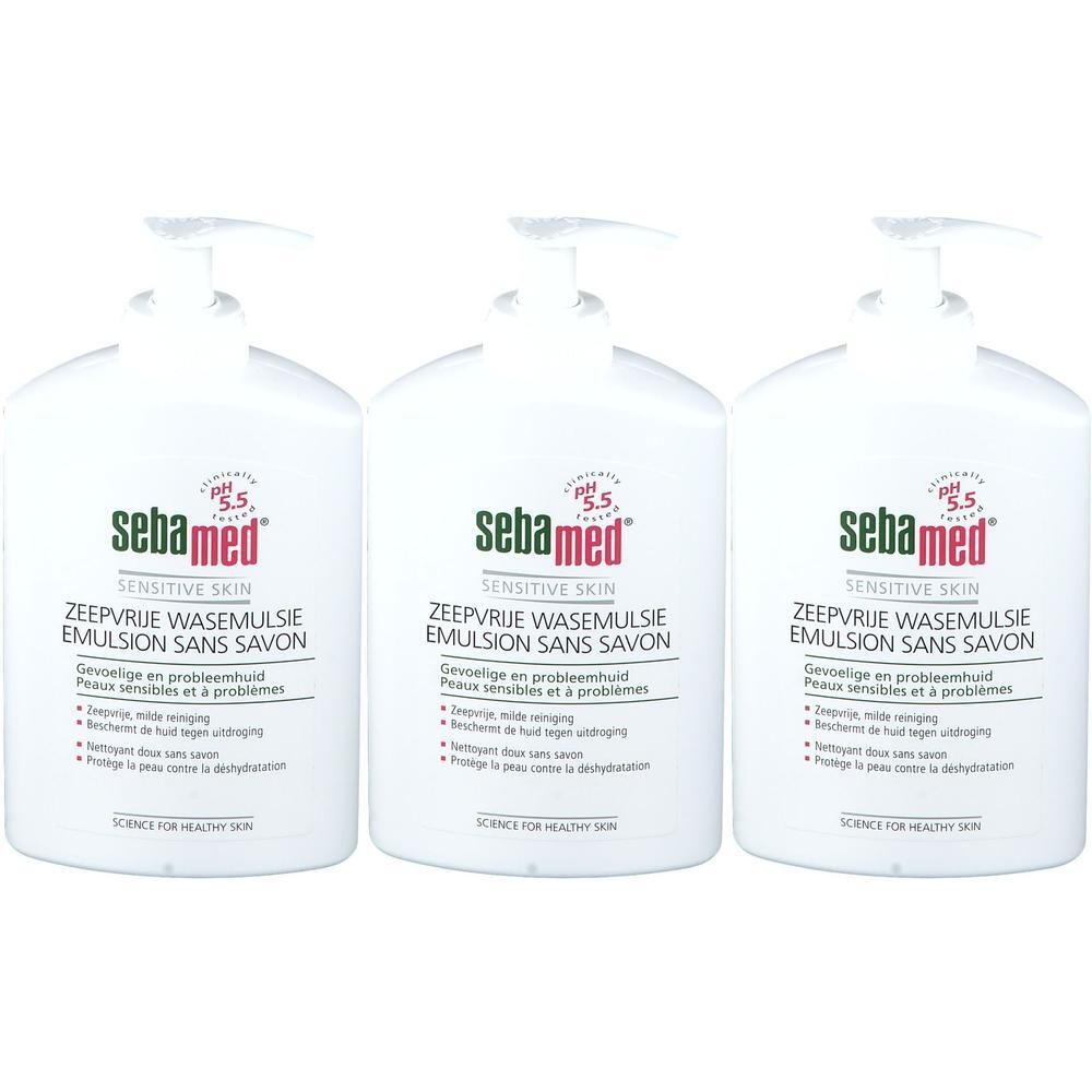 Trois flacons pompe blancs Sebamed Emulsion pour peau sensible, pH 5.5.