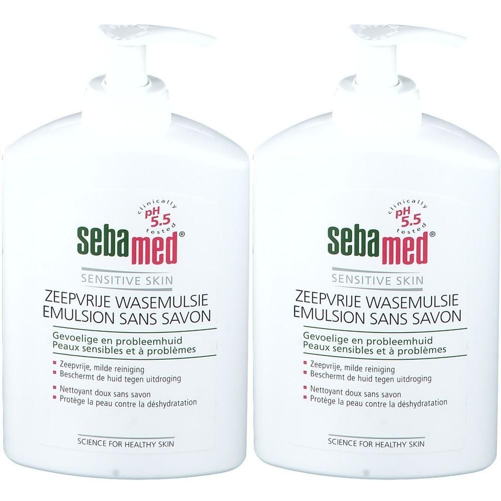 Deux flacons d'émulsion Sebamed avec pompes, pour peaux sensibles.