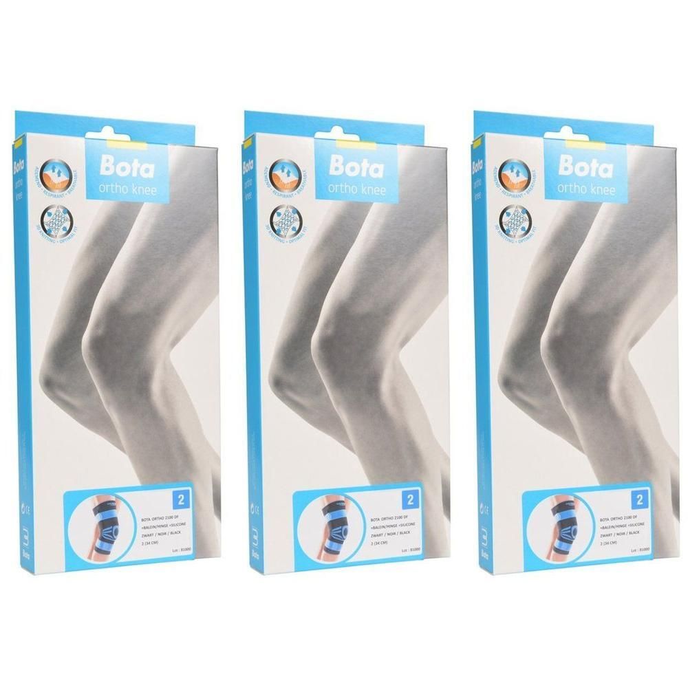 Drie verpakkingen Bota Ortho kniebraces, zwart en blauw, maat 2.