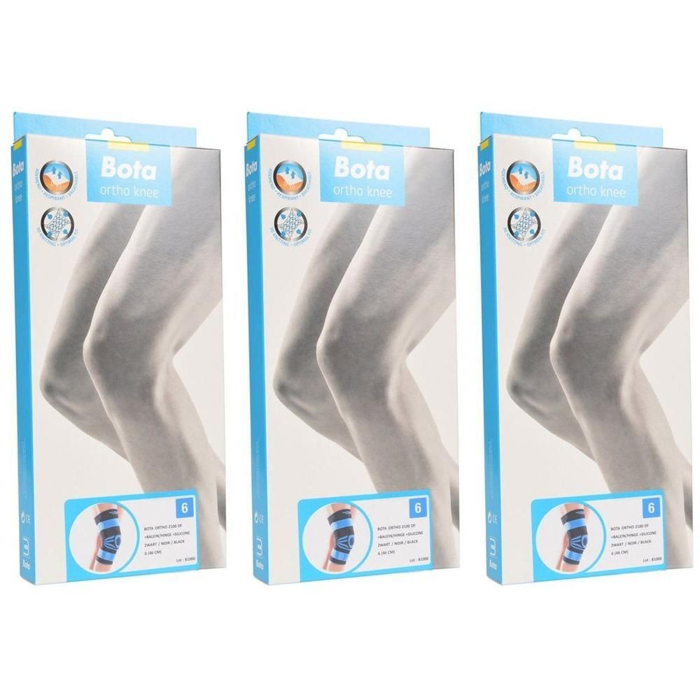 Trois paquets de genouillère Bota Ortho en noir et bleu, taille 6.