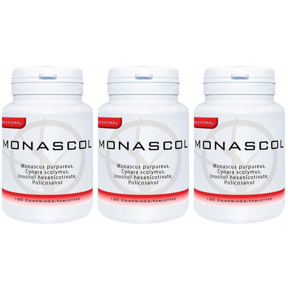 Drie witte potten met Monascol tabletten. Elke pot bevat Monascus purpureus, Cynara scolymus, Inositol hexanicotinate, Policosanol.