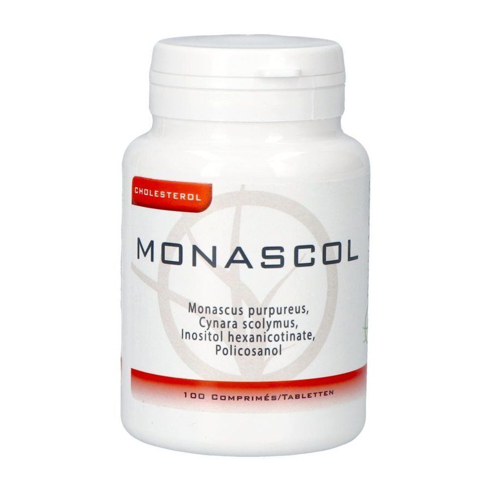 Een witte pot met Monascol tabletten. Bevat Monascus purpureus, Cynara scolymus, Inositol hexanicotinate, Policosanol.