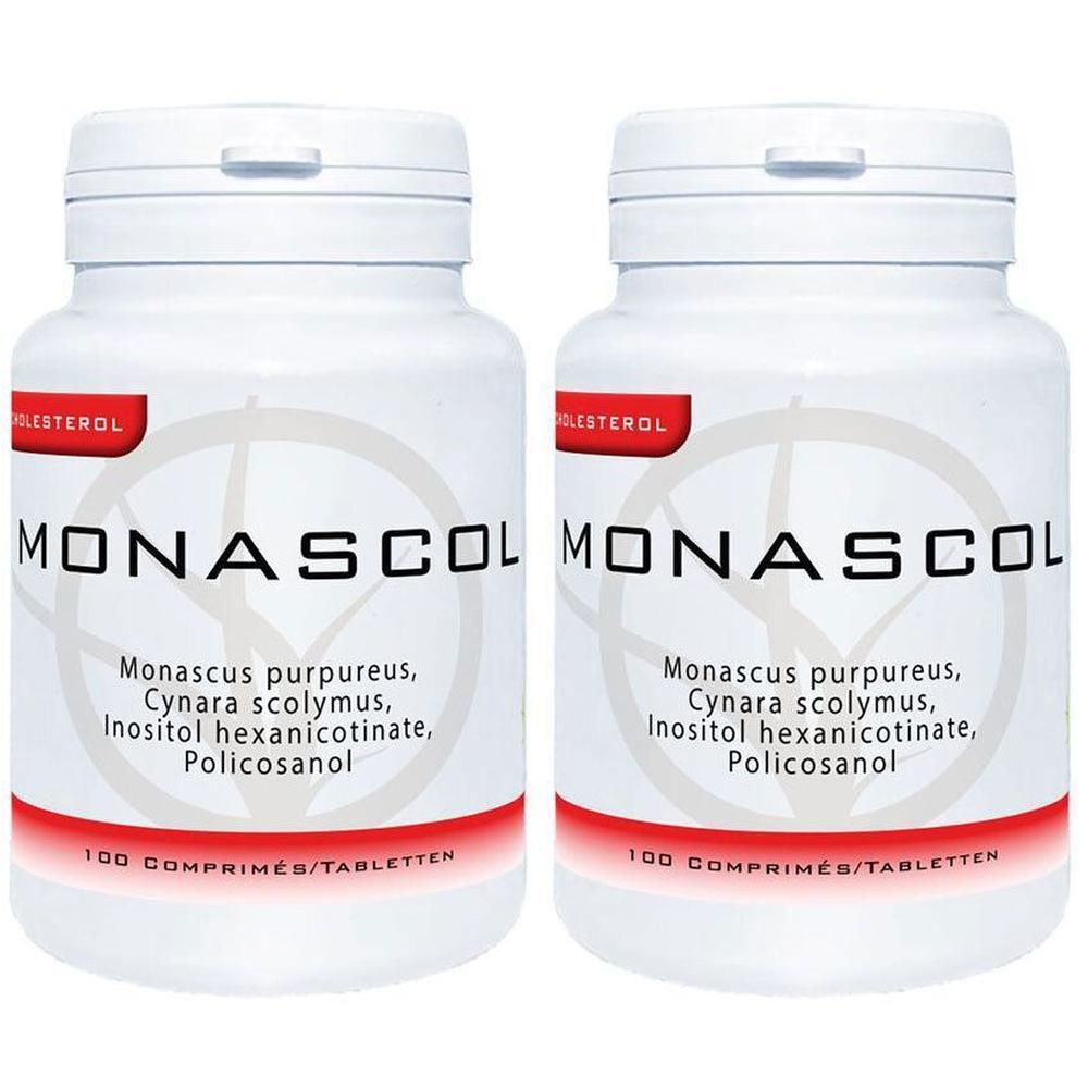 Twee witte Monascol flessen met rode en grijze etiketten die ingrediënten en 100 tabletten vermelden.