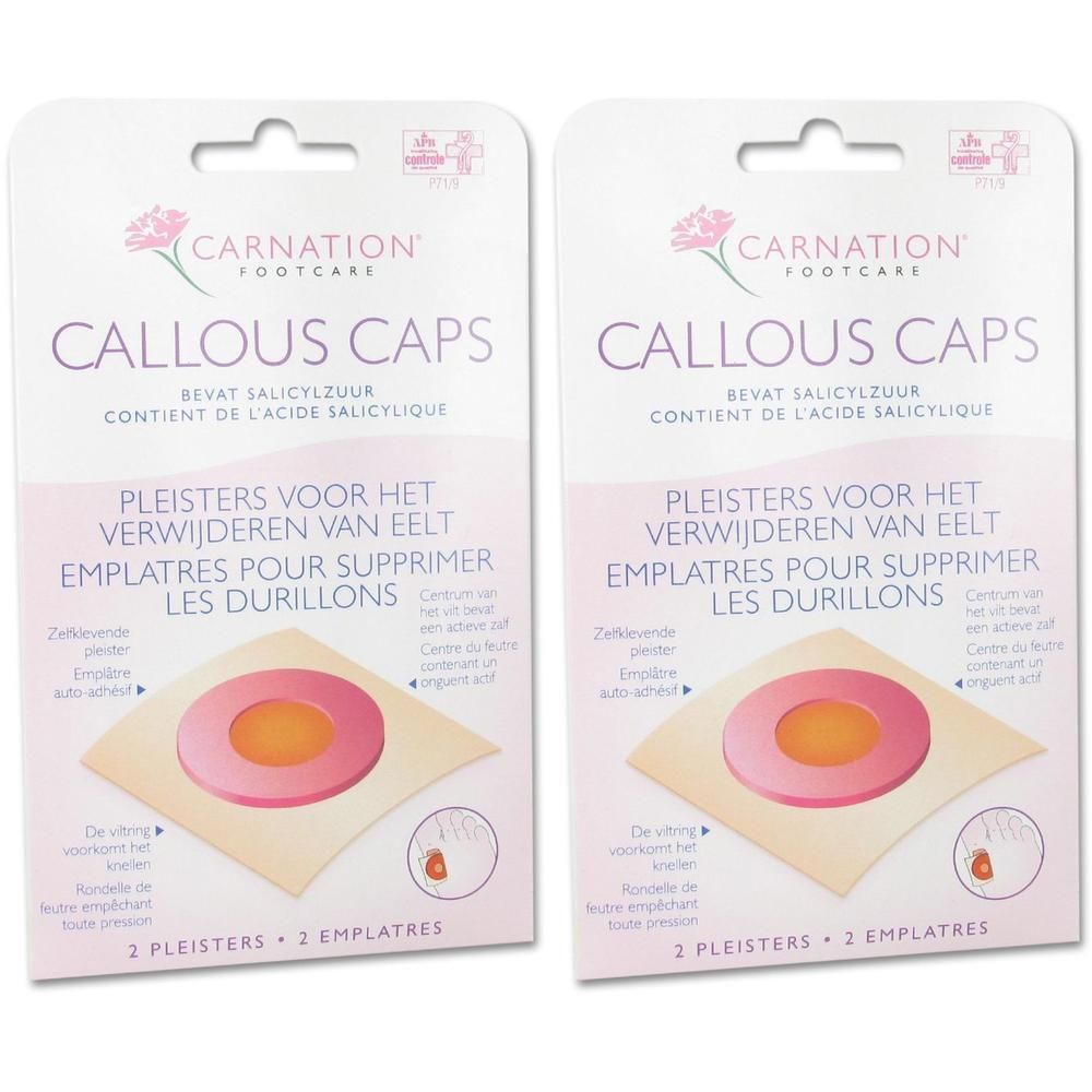Twee pakken Carnation Callous Caps met salicylzuur voor het verwijderen van eelt.