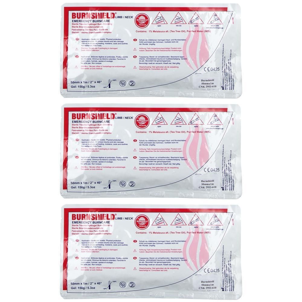 Drie steriele Burnshield verbanden, 5 cm x 1 m, voor noodhulp bij brandwonden.