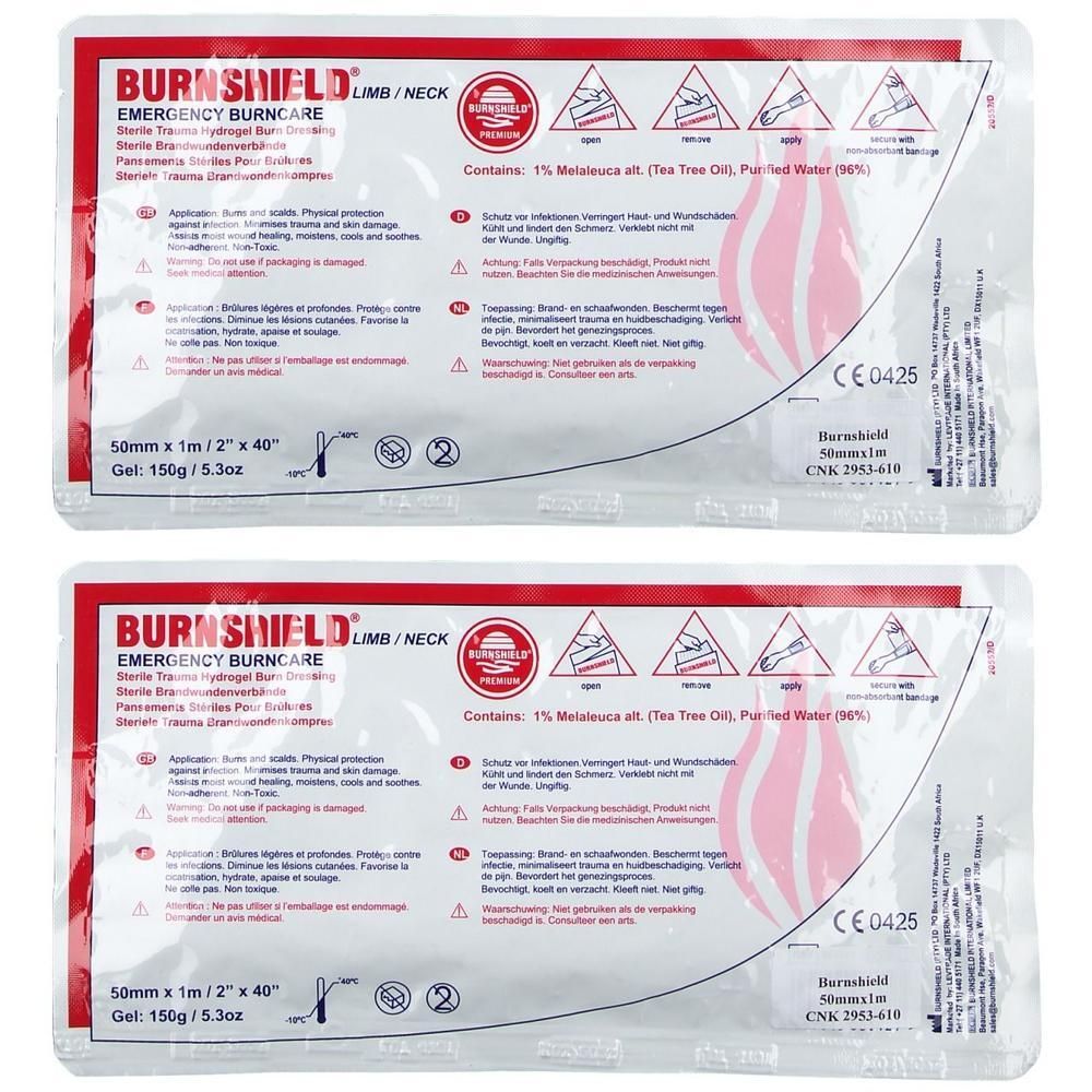 Deux pansements hydrogel Burnshield pour soins d'urgence, 50mm x 1m.