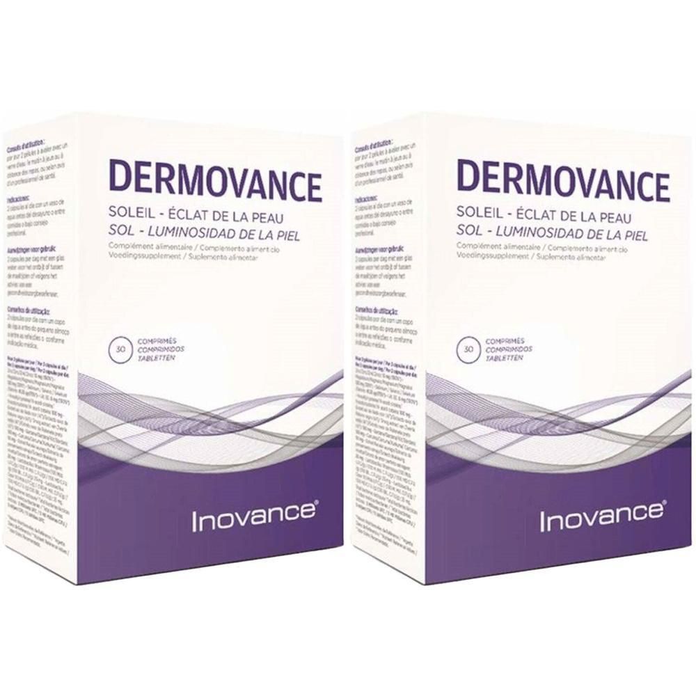 Deux boîtes de Inovance Dermovance Soleil, complément alimentaire pour la peau, 30 comprimés par boîte.