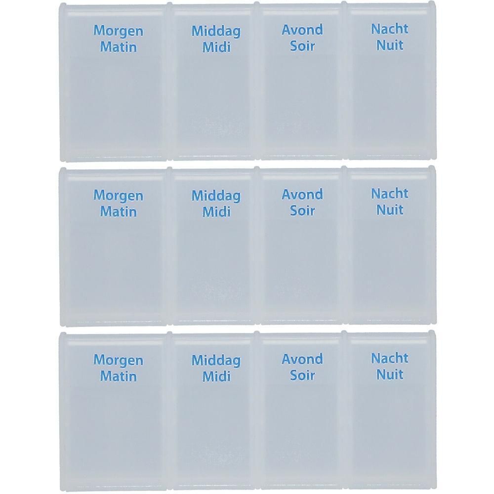 Transparante pillendoos met 3 rijen en 4 vakjes per rij, gelabeld Morgen, Middag, Avond, Nacht.