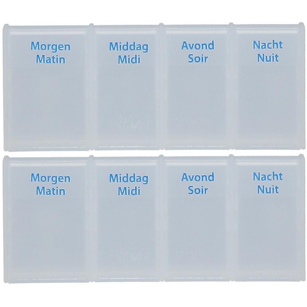 Twee pillendoosjes met elk vier vakjes: Morgen, Middag, Avond, Nacht.