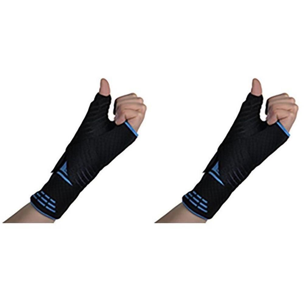 Deux supports de poignet noirs avec des accents bleus, fixés au pouce et au poignet.