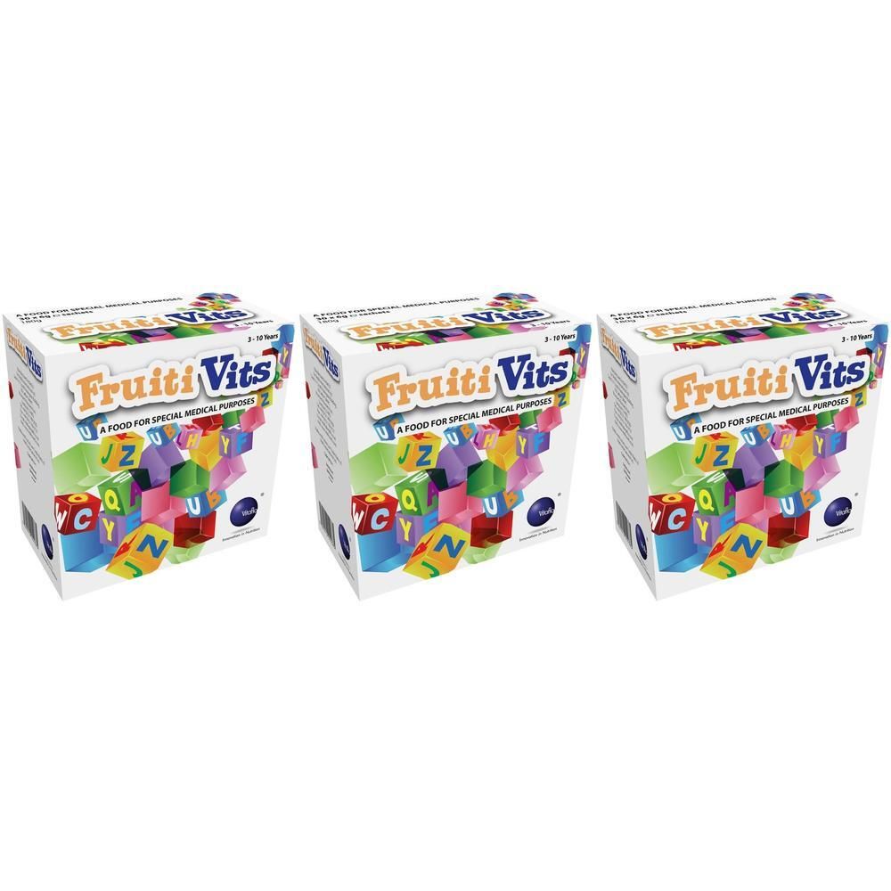 Drie pakken Vitaflo Fruitivits met kleurrijke letterblokjes op de voorkant.