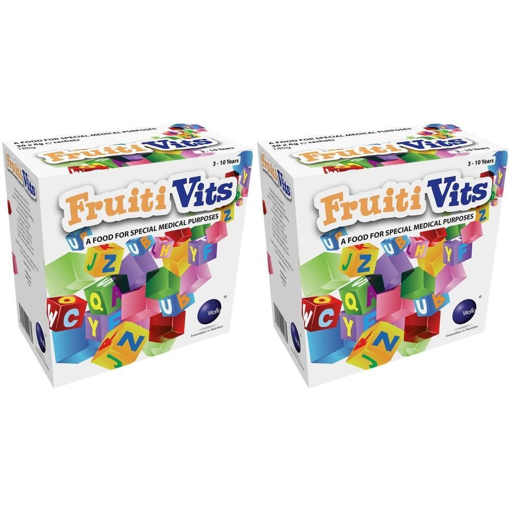 Twee pakken Vitaflo Fruitivits, voeding voor medisch gebruik, met kleurrijke letterblokjes.