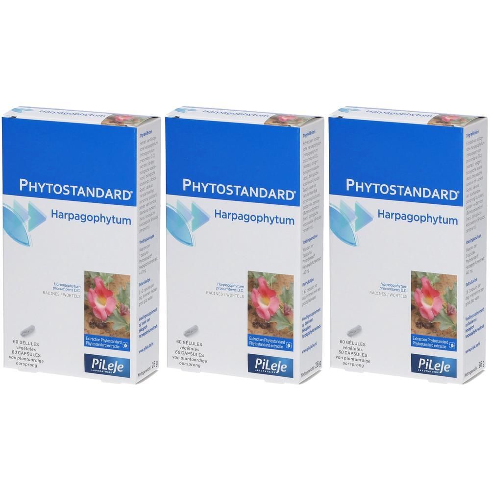 Trois boîtes Phytostandard Harpagophytum avec image de fleur et de pilules.