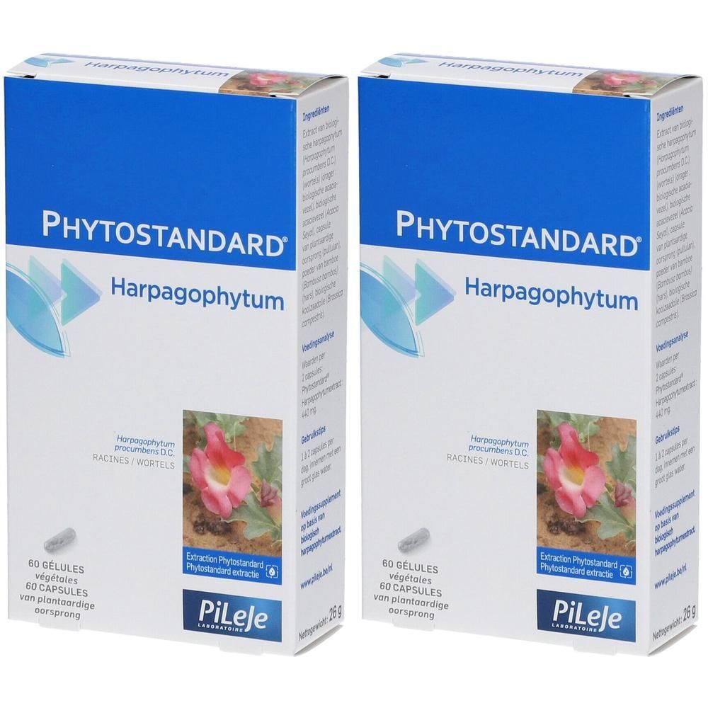 Deux boîtes Phytostandard Harpagophytum, 60 gélules chacune. Emballage bleu avec image de plante.