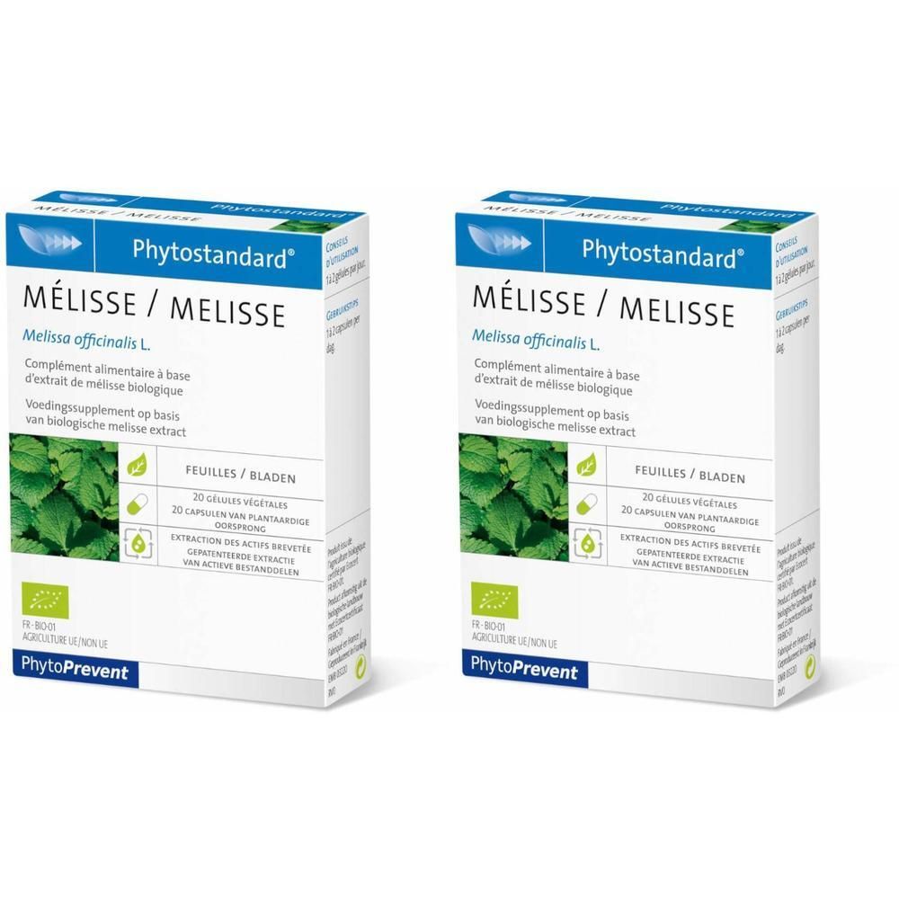 Deux boîtes Phytostandard Mélisse, complément alimentaire à base d'extrait de mélisse. 30 gélules végétales par boîte.
