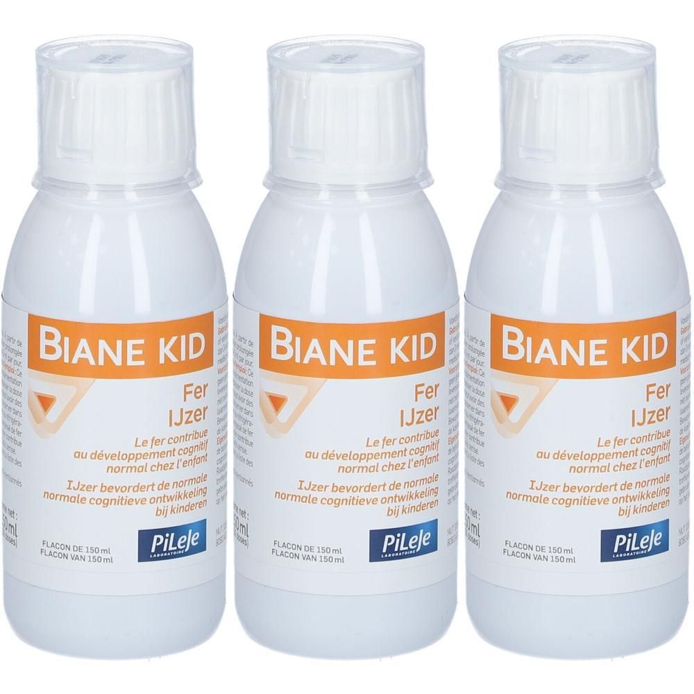 Trois flacons de Biane Kid Fer avec étiquettes indiquant le fer et le développement cognitif.