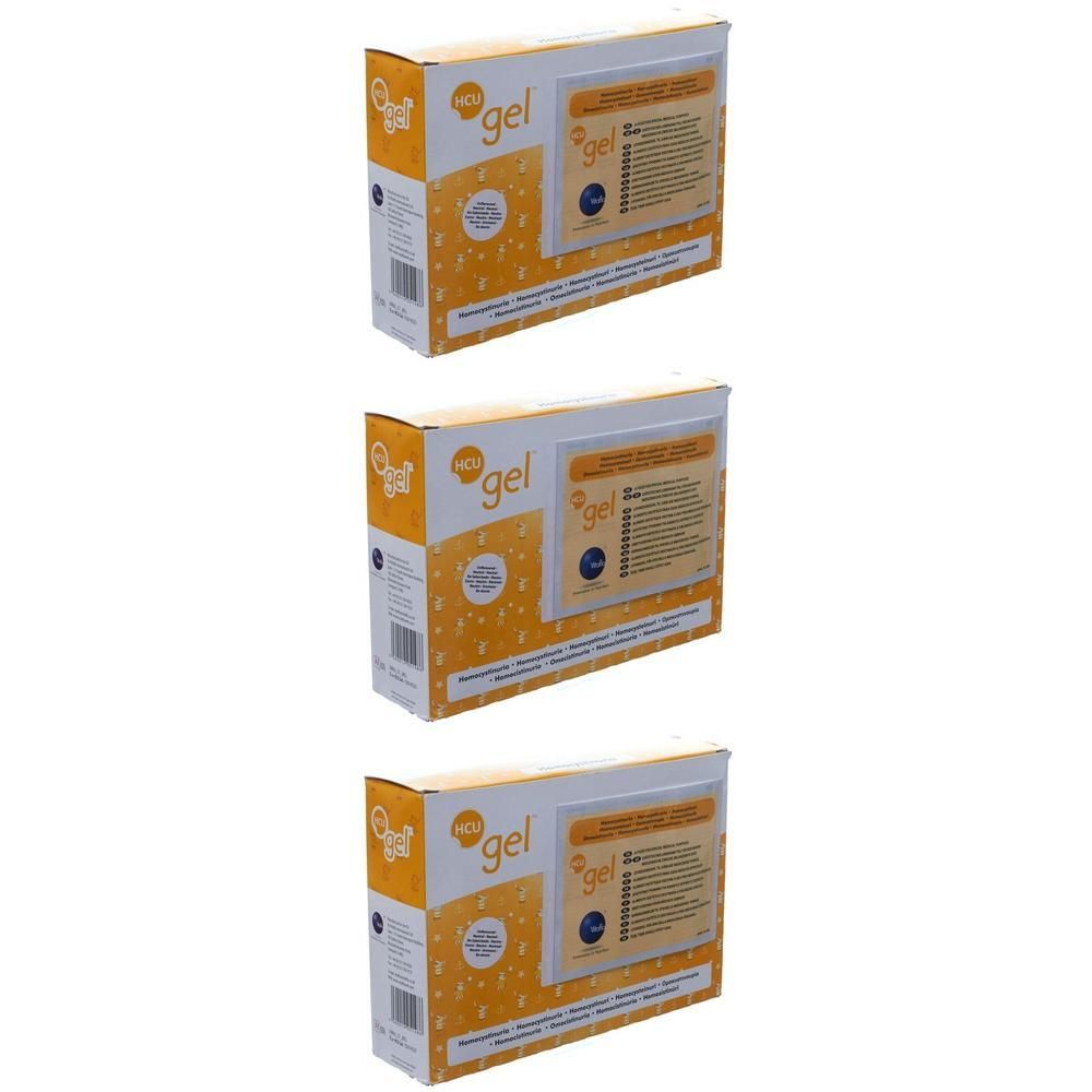 Drie pakken Vitaflo HCU Gel met oranje design en productinformatie.