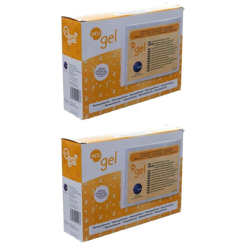 Deux boîtes de Gel HCU avec un design orange et des informations produit sur le devant.