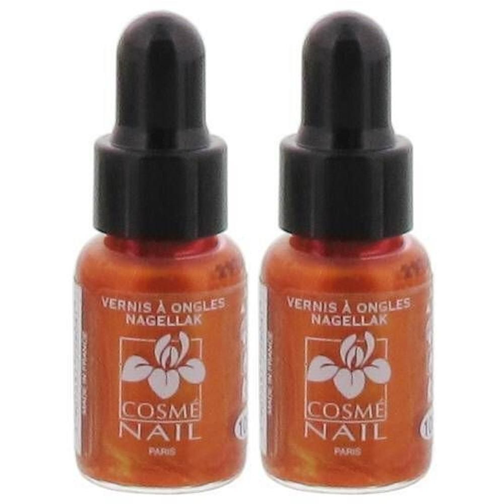 Deux flacons de vernis à ongles avec bouchon compte-gouttes, orange nacré.
