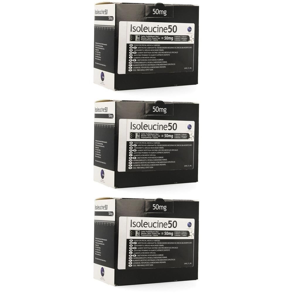 Drie dozen Vitaflo Soleucine 50mg poeder, zwart en wit, met productinformatie.