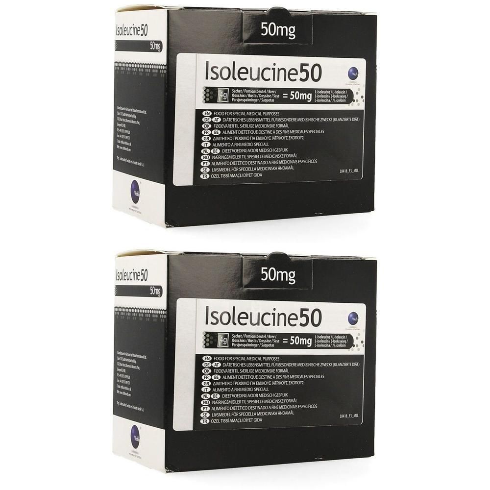 Deux boîtes de poudre Vitaflo Isoleucine 50mg pour usage médical.
