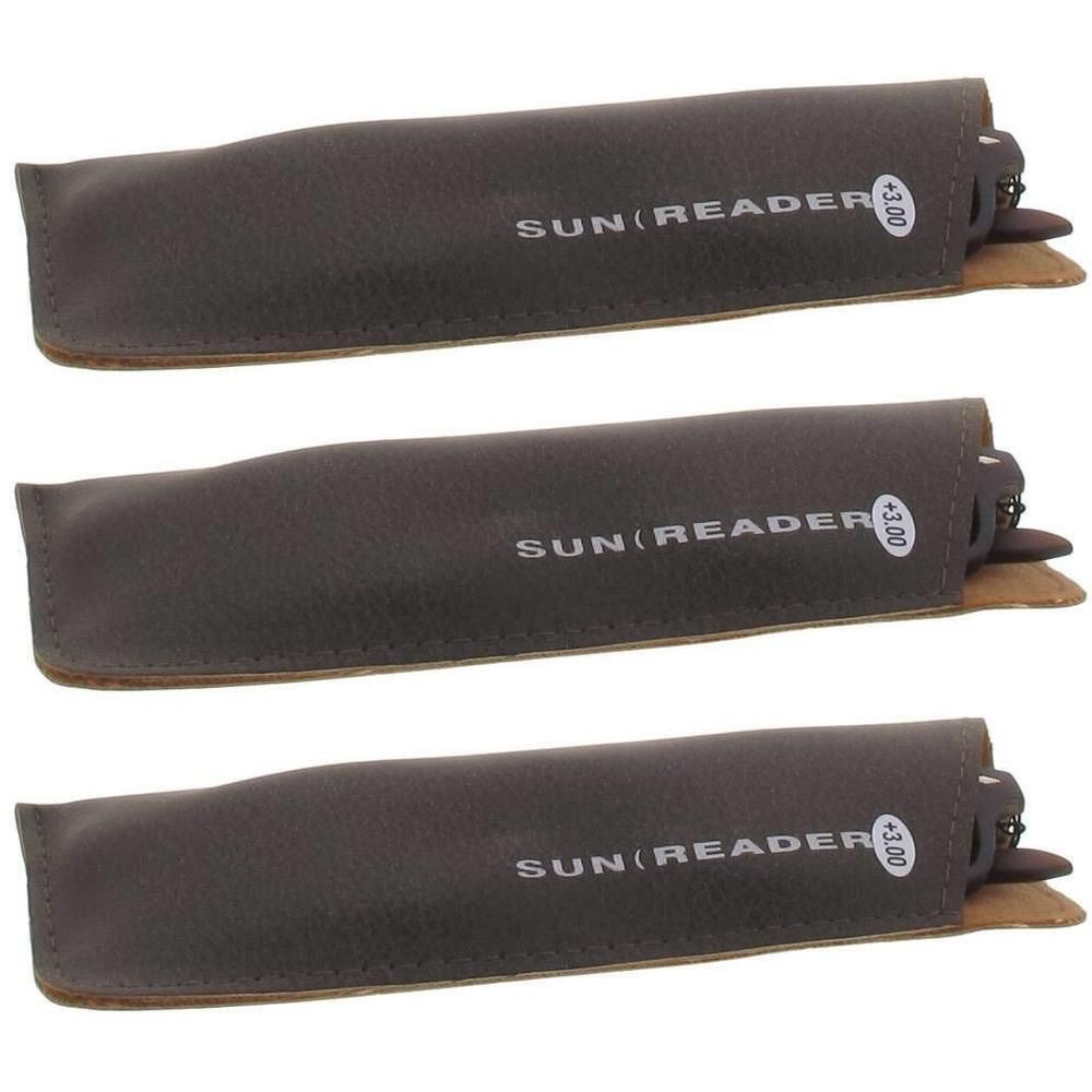 Trois lunettes de lecture solaires dans leur étui, inscription "SUN READER +3.00".