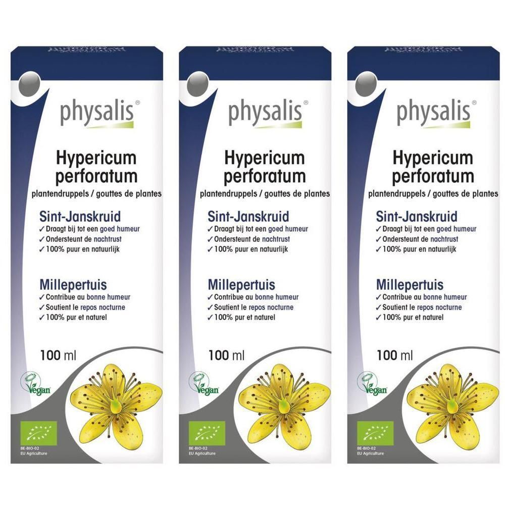 Trois flacons de Physalis Hypericum Perforatum, 100 ml chacun. Avec label bio et fleur de millepertuis.