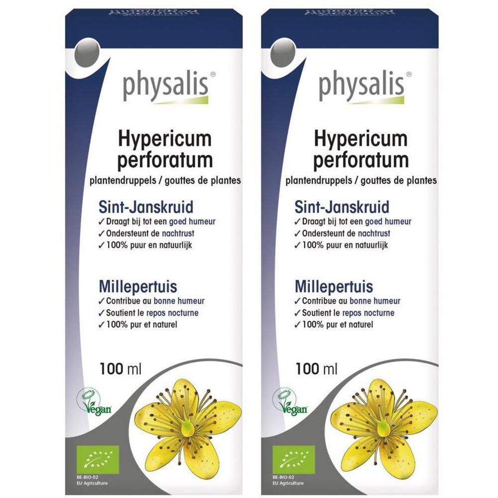 Deux flacons de Physalis Hypericum Perforatum gouttes, 100 ml chacun. Logos Bio et Vegan.