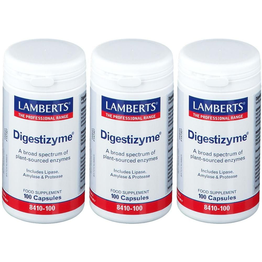 Drie potten Lamberts Digestizyme capsules. Breed spectrum van plantaardige enzymen.
