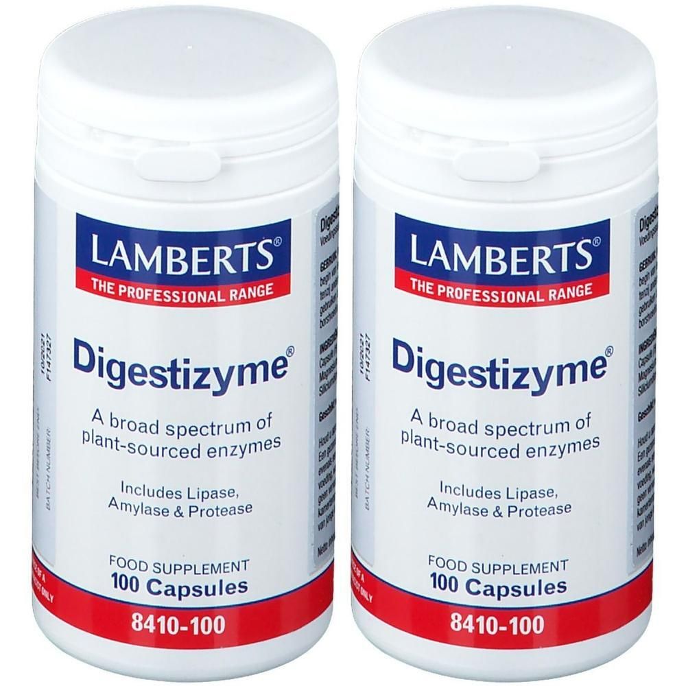 Deux flacons de Lamberts Digestizyme, complément alimentaire, 100 gélules.
