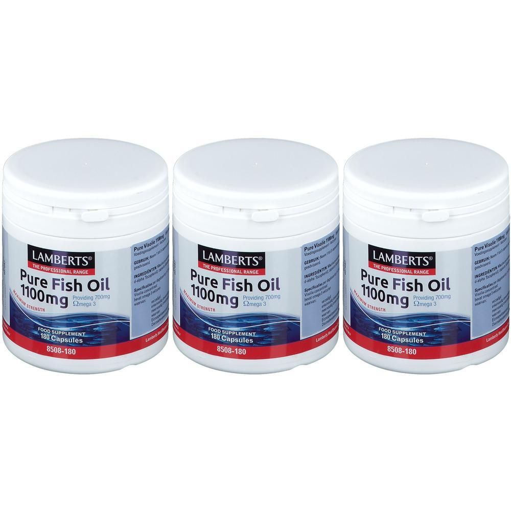 Drie potten Lamberts Pure Fish Oil 1100mg, 100 capsules per pot.